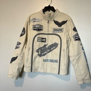 Majestik cream patch long leather full zip front and sleeve jacket coat …